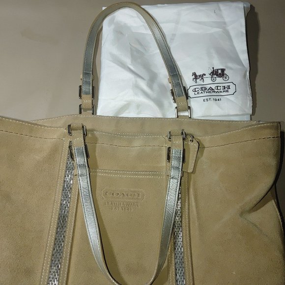 Coach Leatherware Suede Beaded Stripe Beige Tote Bag Dual Handles Zipper Closure - Picture 7 of 14